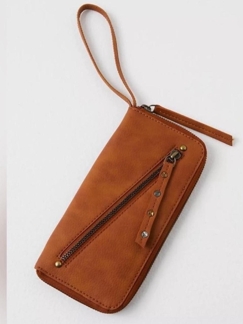 Free People Tan Zip Wristlet Wallet with Stud Accent